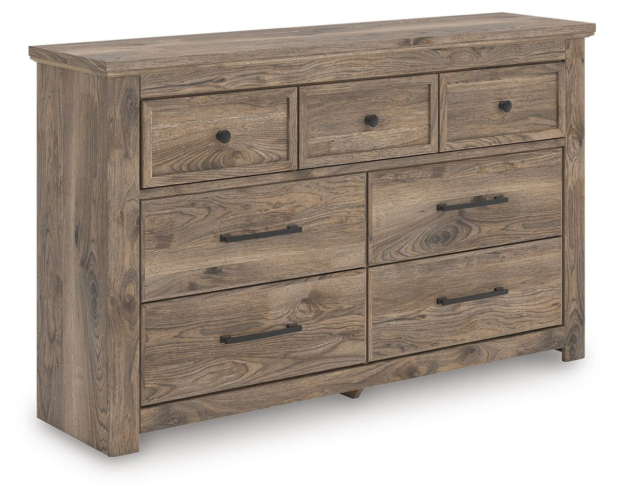 Light brown wood dresser with six drawers and dark bar handles