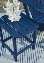 Blue slatted outdoor side table with angled legs