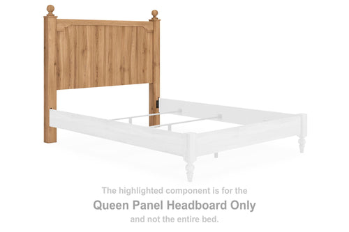 Warm brown wood queen panel headboard with vertical slats and two posts