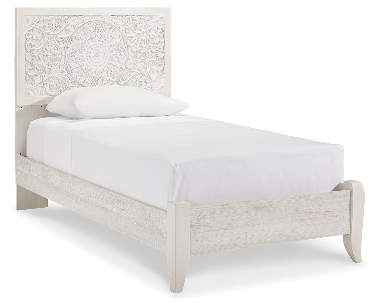 White panel bed with carved-look headboard, straight footboard, and slatted frame
