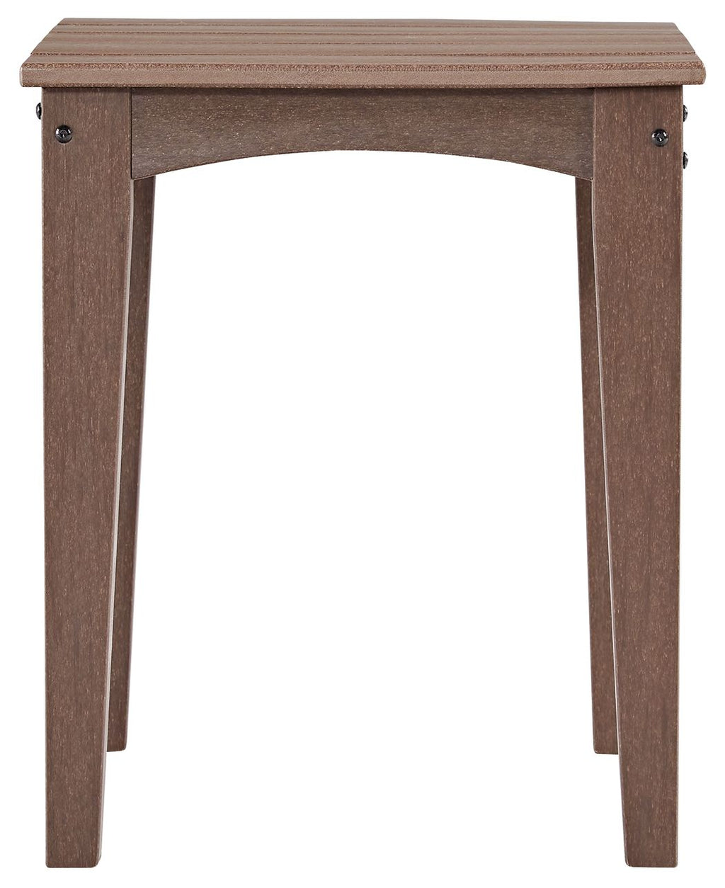 Brown square end table with slatted top and tapered legs, corner bracket detail