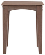Brown square end table with slatted top and tapered legs, corner bracket detail