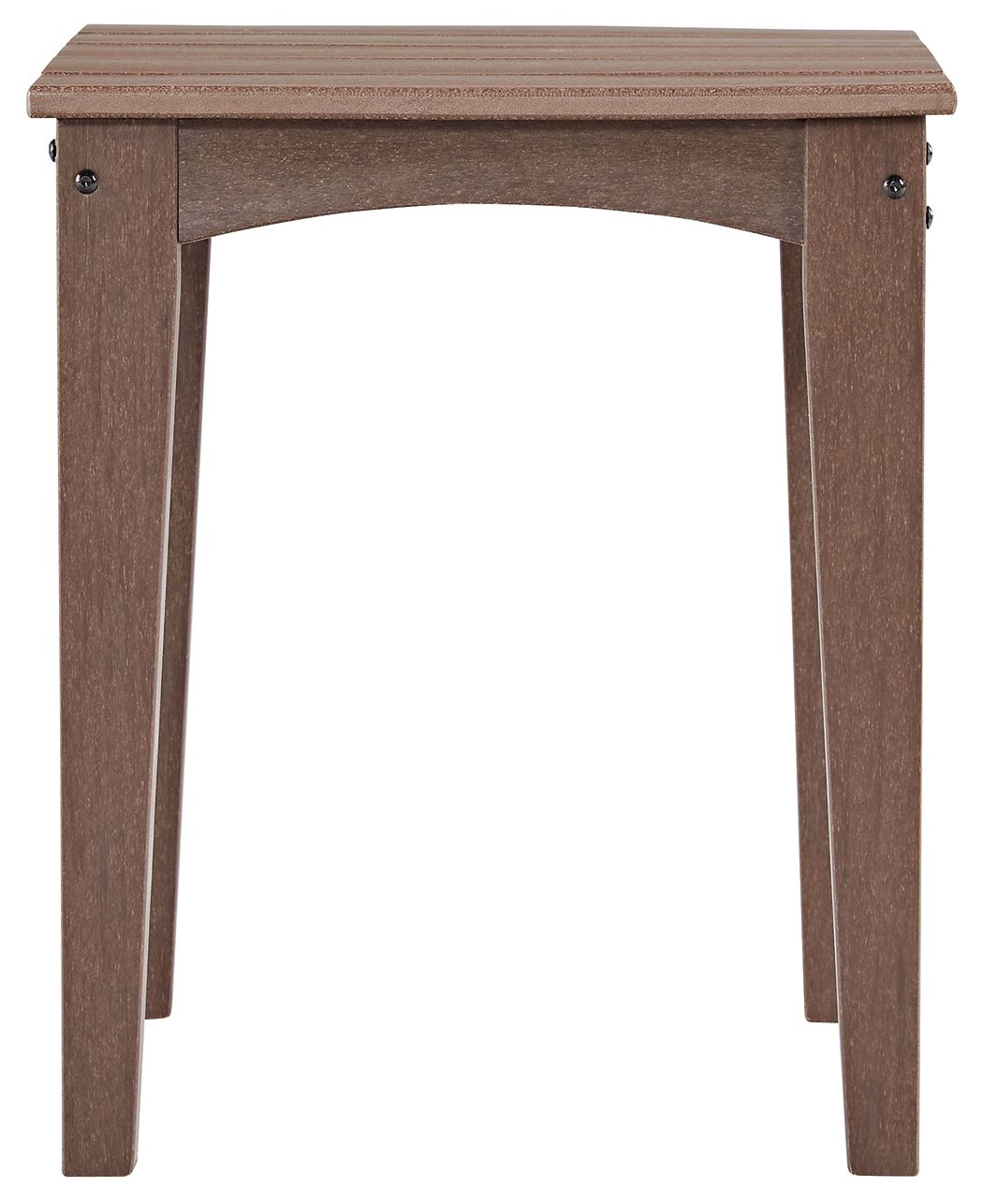 Brown square end table with slatted top and tapered legs, corner bracket detail
