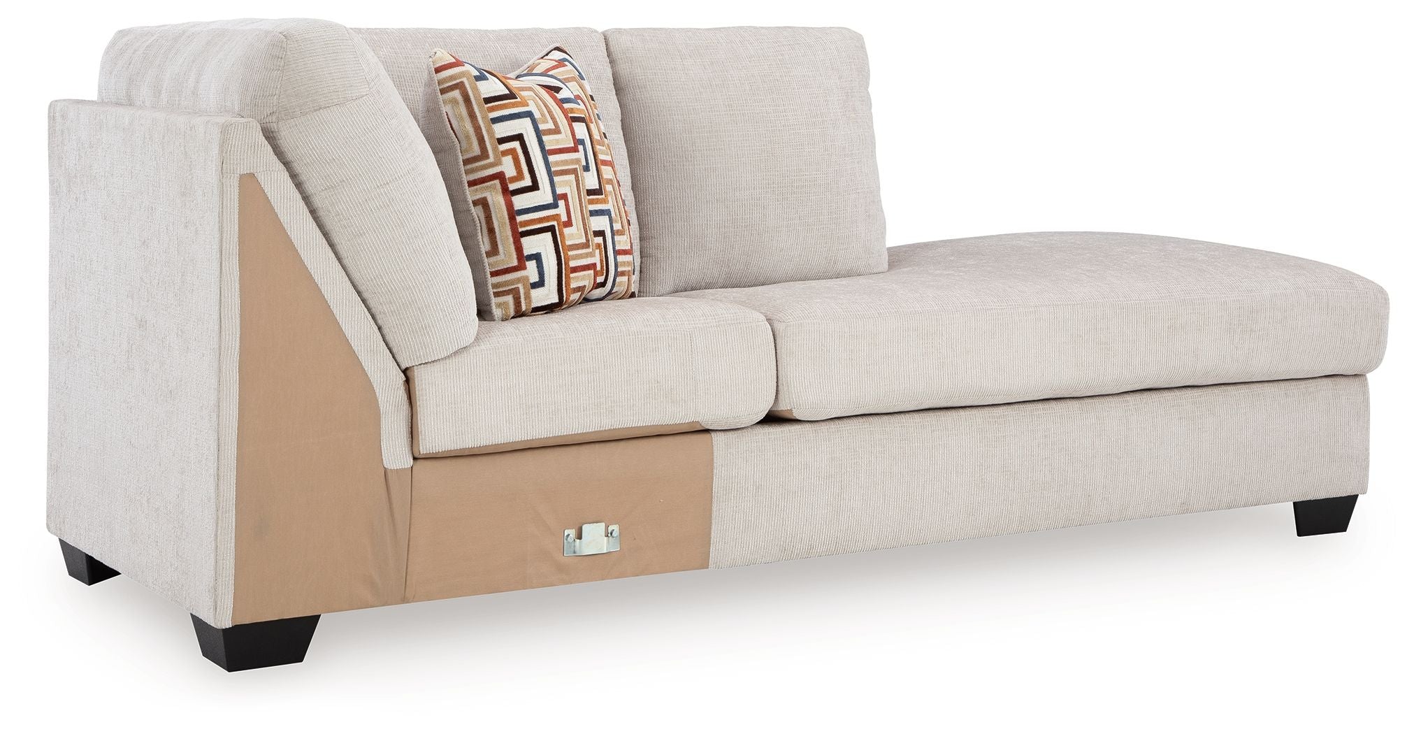 Stone corner chaise with geometric throw pillow, side latch detail and black legs