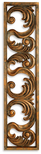 Carved wood wall decor panel with swirling scrollwork, dark natural wood frame.