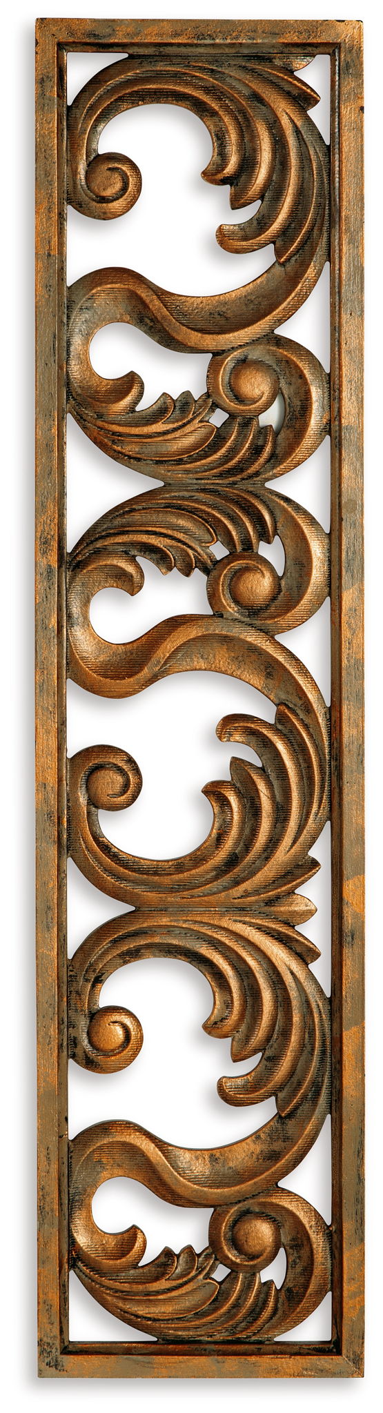 Carved wood wall decor panel with swirling scrollwork, dark natural wood frame.