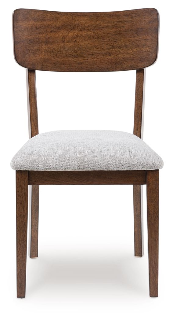 Brown upholstered dining side chair with light seat cushion and curved backrest