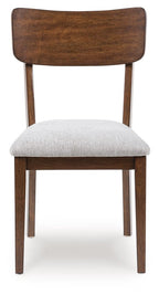 Brown upholstered dining side chair with light seat cushion and curved backrest
