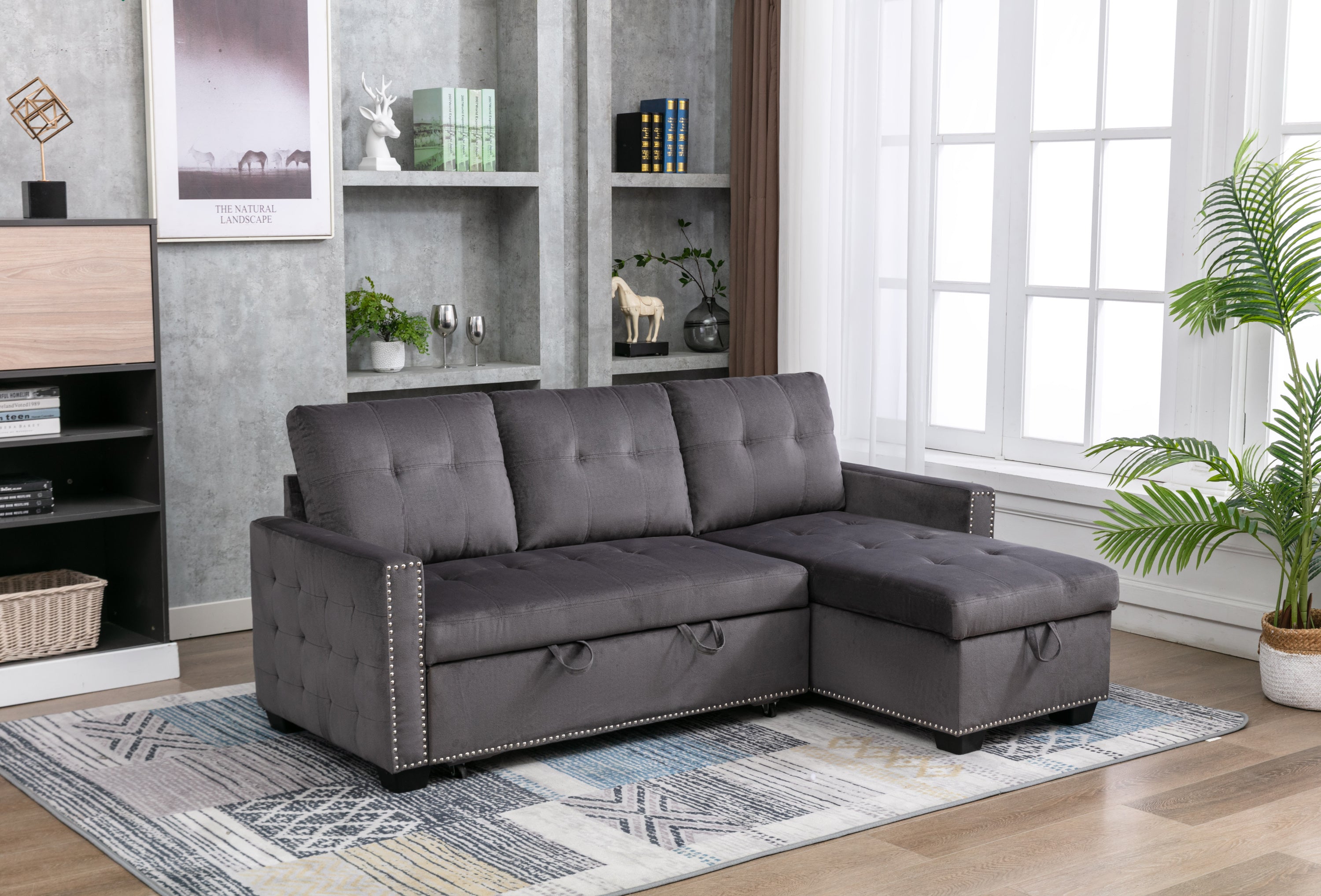 77 Inch Reversible Sectional Storage Sleeper Sofa Bed | L-Shape 2-Seat Sectional Chaise with Storage | Skin-Feeling Velvet Fabric | Dark Grey Color | Stylish Addition to Living Room Furniture