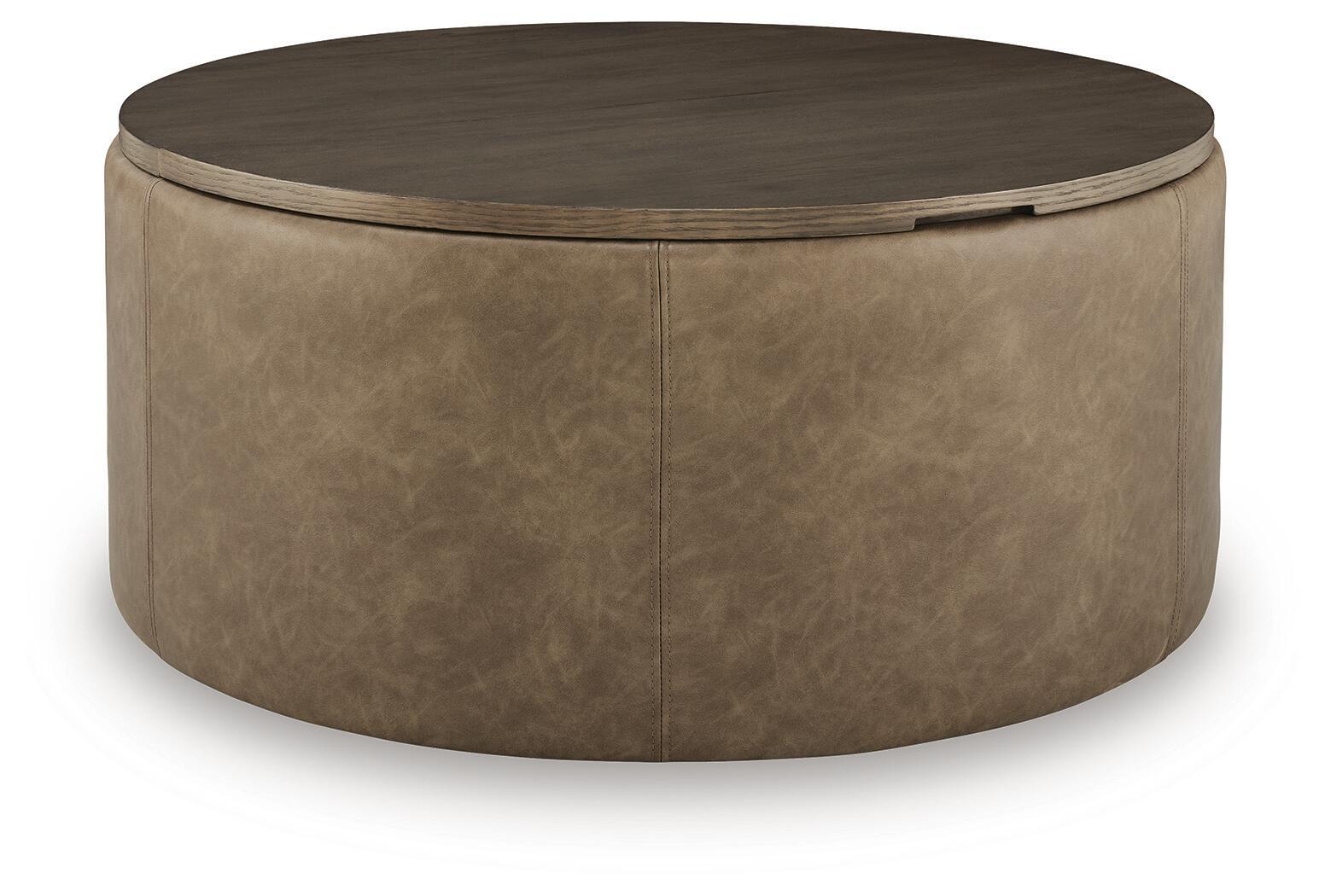 Round warm brown storage ottoman with hinged top and faux-leather upholstery