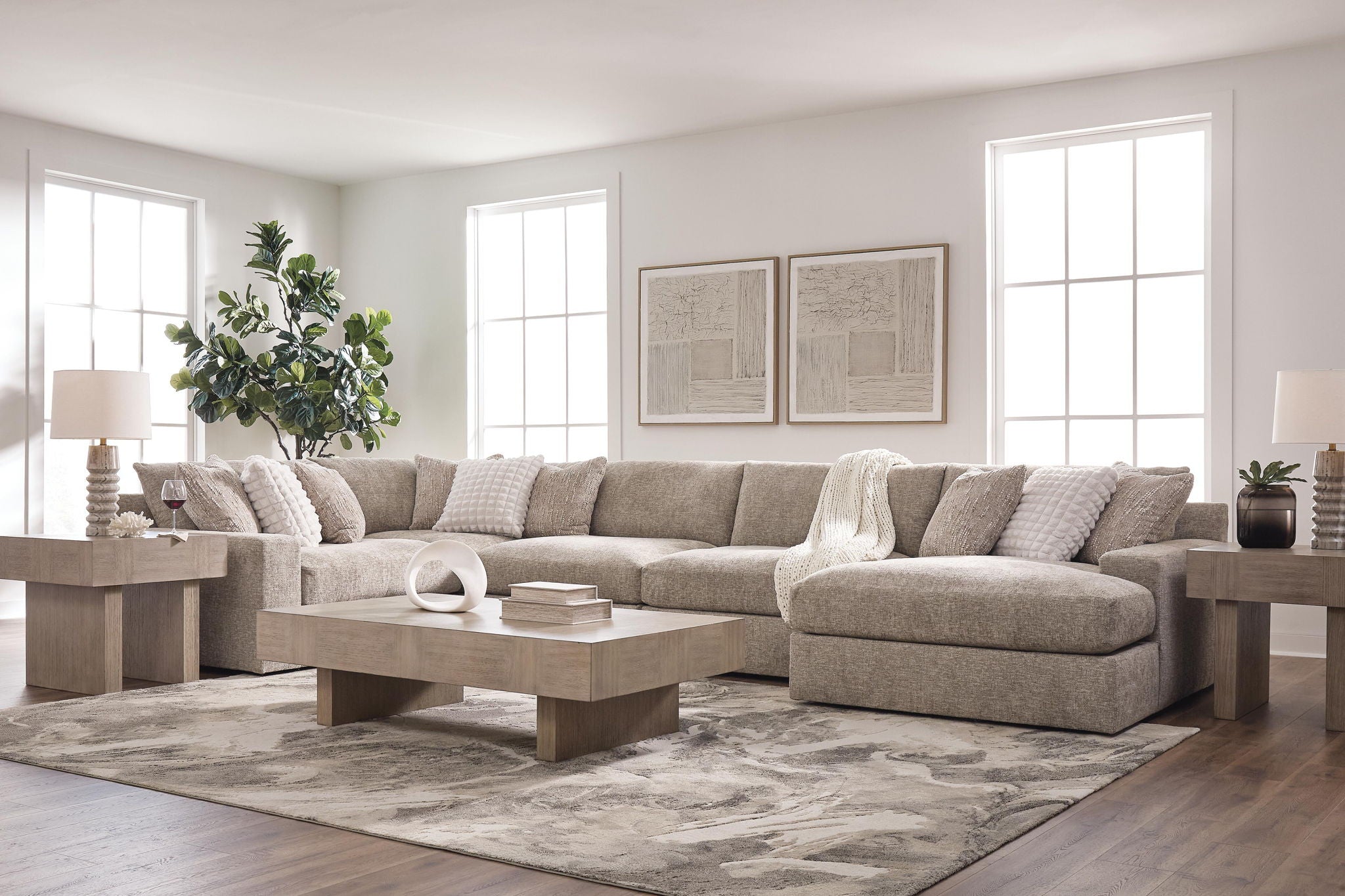 Burlap-upholstered sectional sofa with right chaise and plush seat cushions
