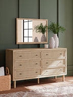 Cielden upholstered bedroom set dresser with beige fabric drawers and wall mirror