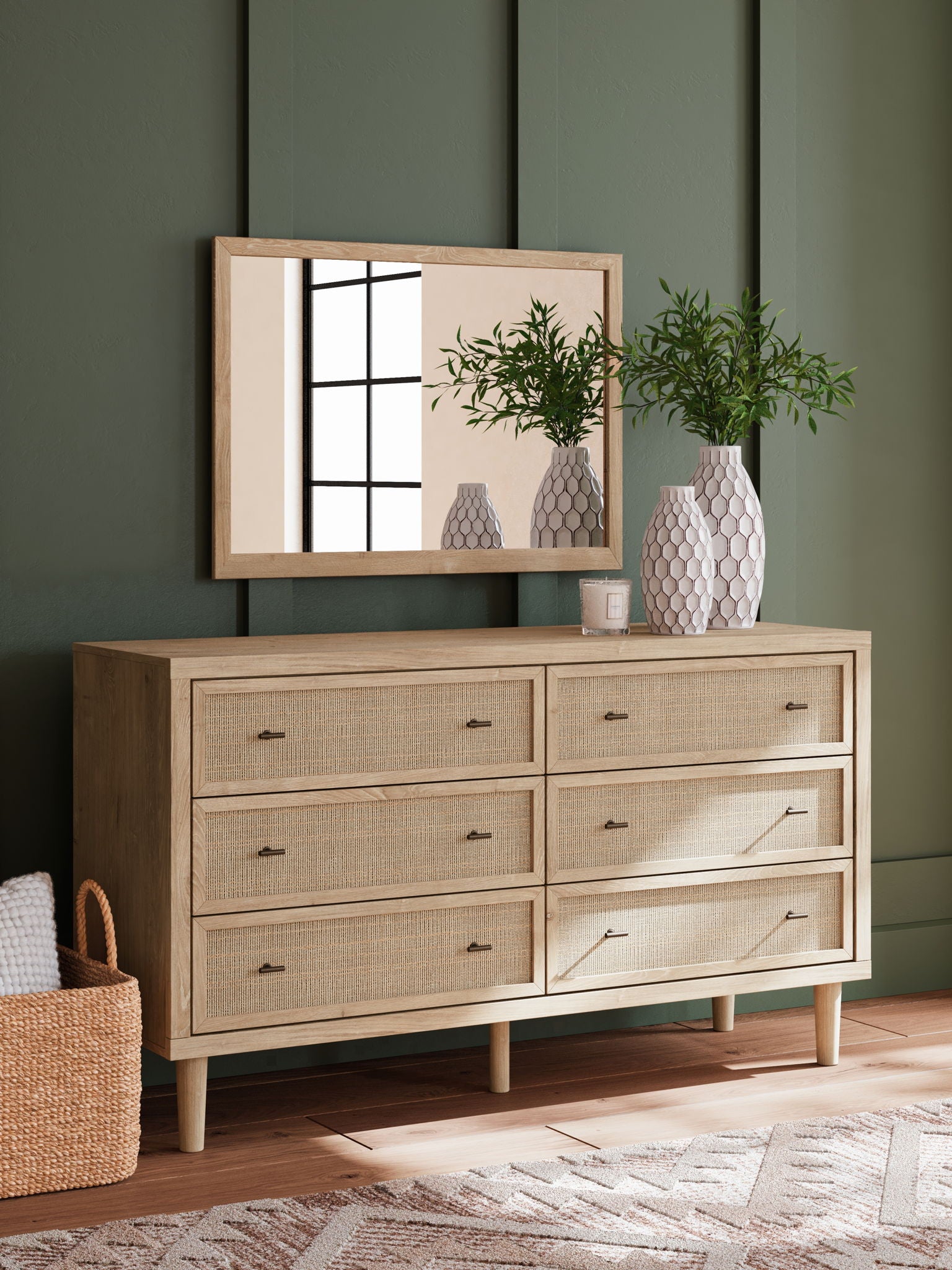 Cielden upholstered bedroom set dresser with beige fabric drawers and wall mirror