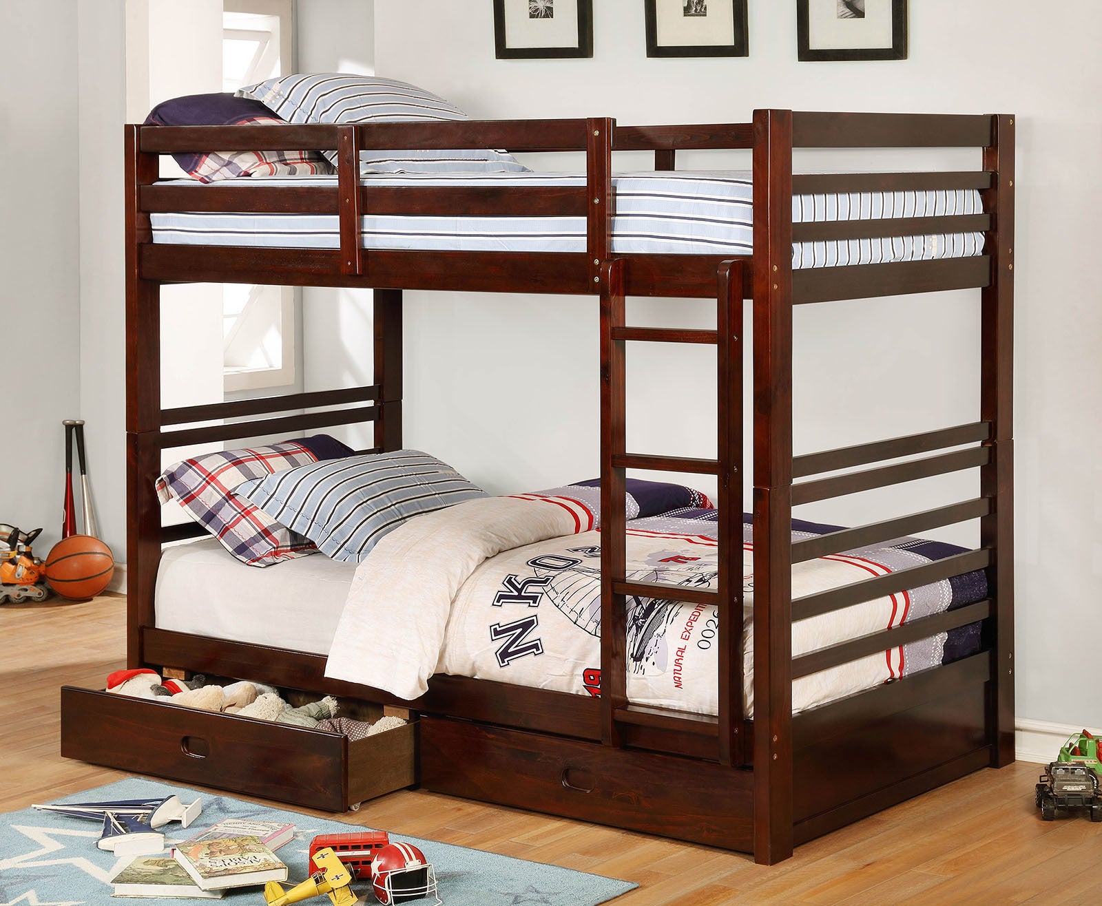 Twin Over Twin Bunk Bed | Transitional Style, Drawers, Dark Walnut