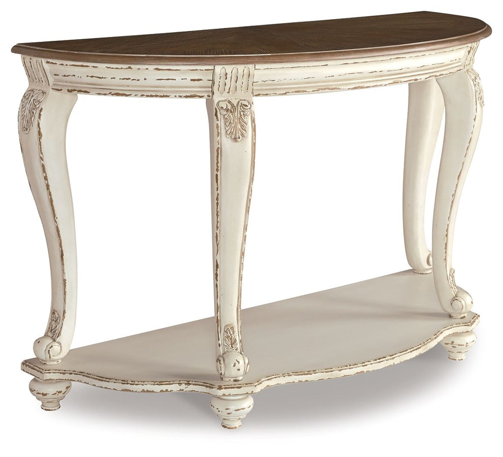 Distressed white sofa table with dark brown tabletop and lower open shelf