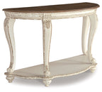 Distressed white sofa table with dark brown tabletop and lower open shelf