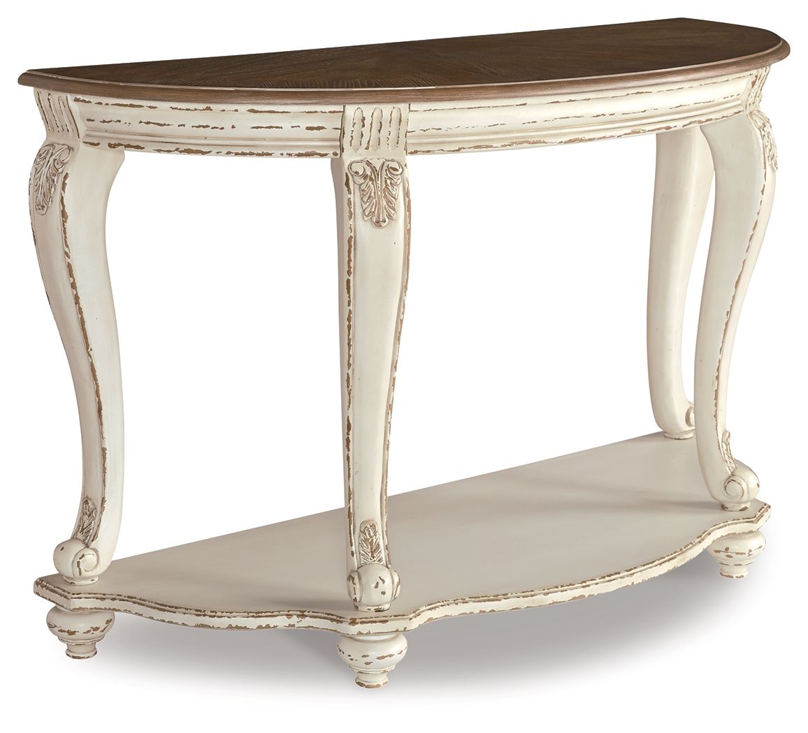 Distressed white sofa table with dark brown tabletop and lower open shelf