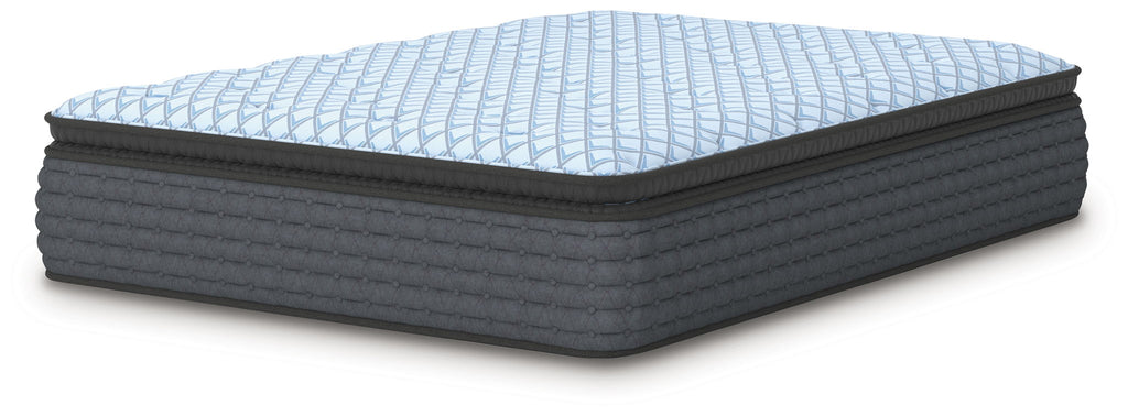 Blue quilted mattress with dark fabric sides and rounded edge profile