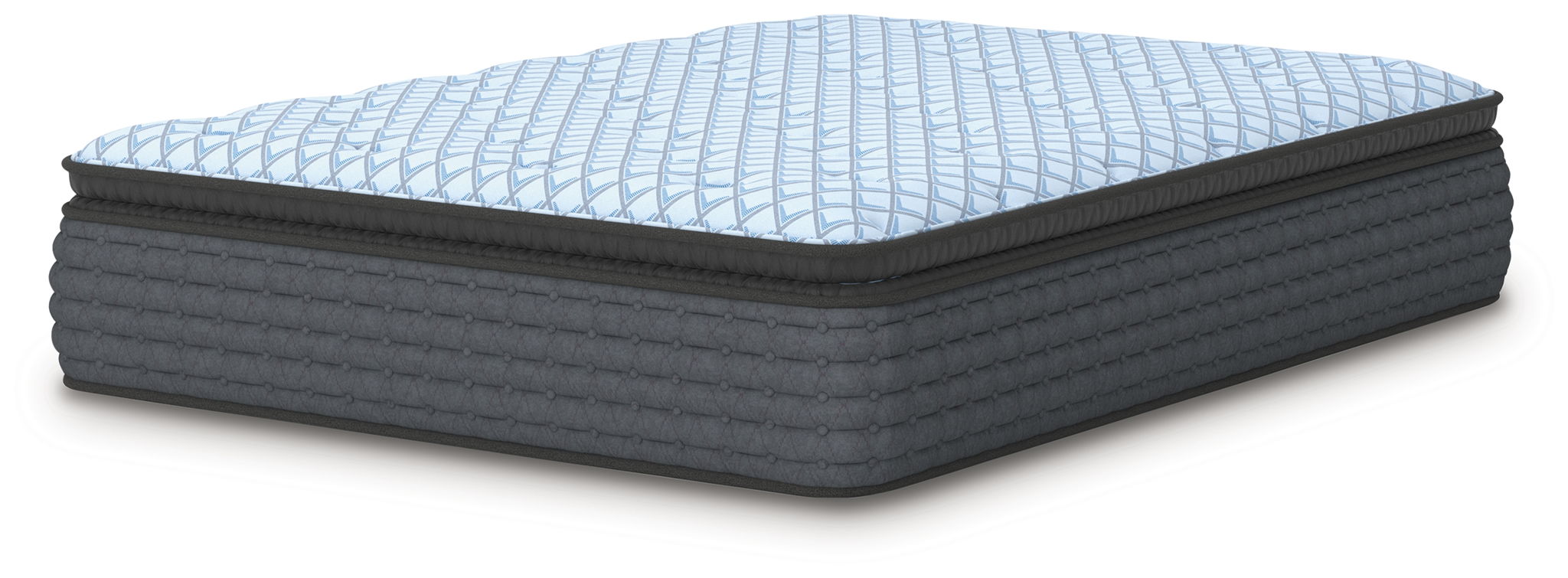 Blue quilted mattress with dark fabric sides and rounded edge profile