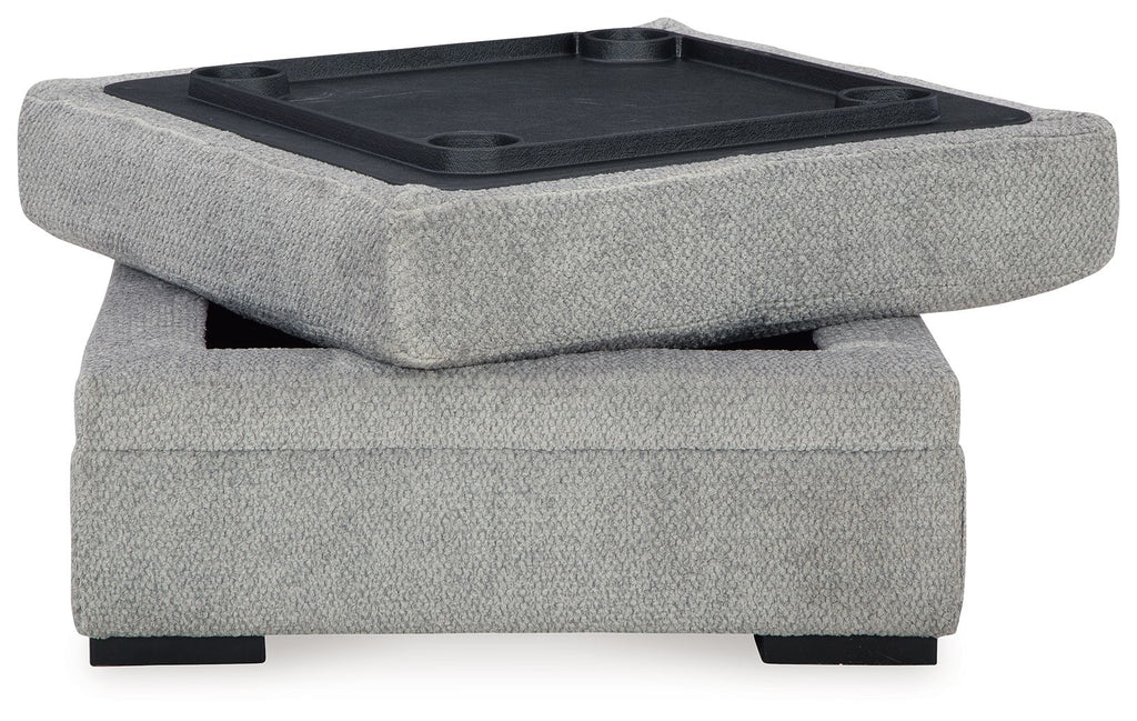 Cement gray fabric storage ottoman with open top storage tray