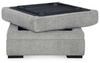 Cement gray fabric storage ottoman with open top storage tray