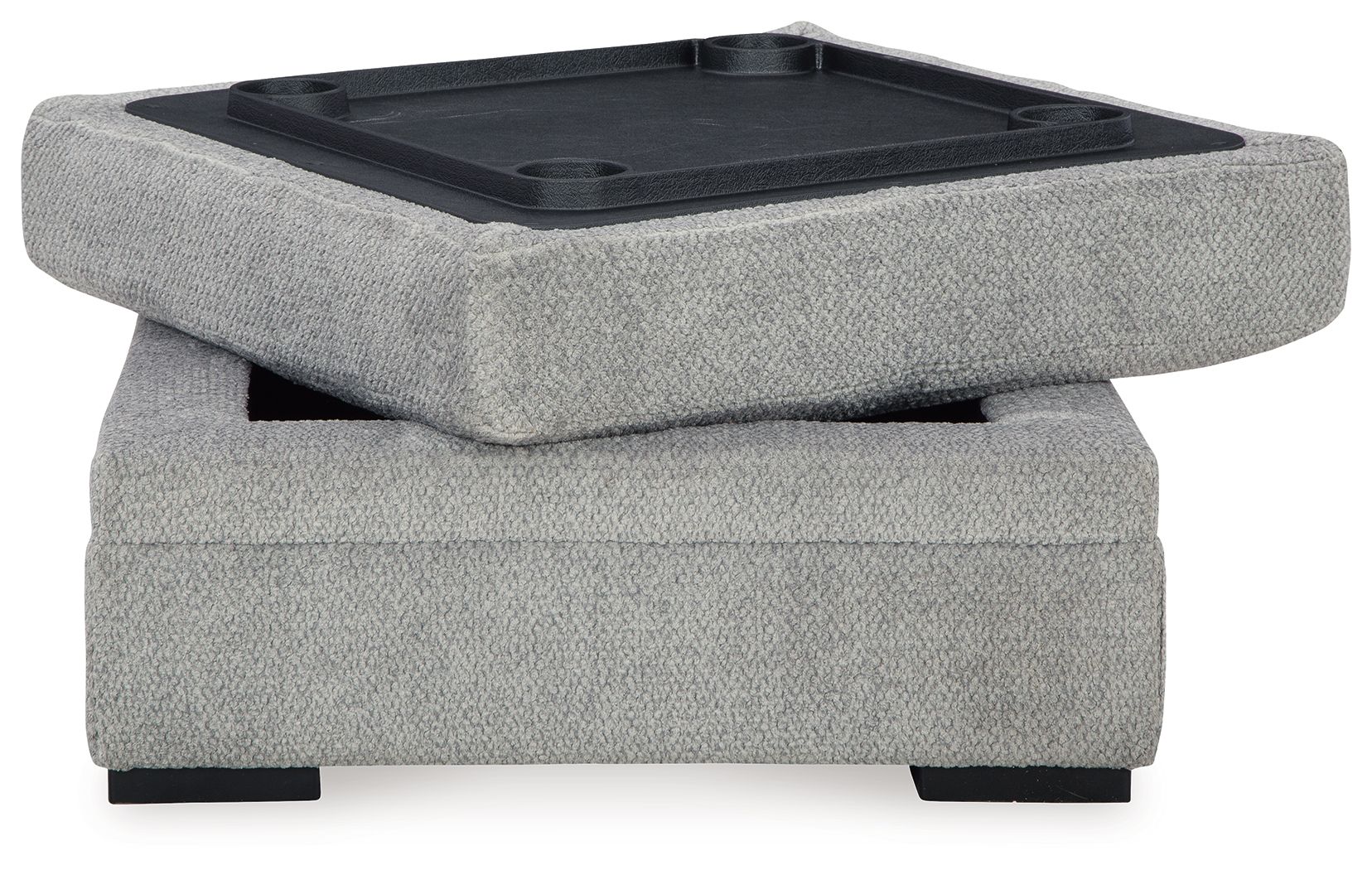Cement gray fabric storage ottoman with open top storage tray