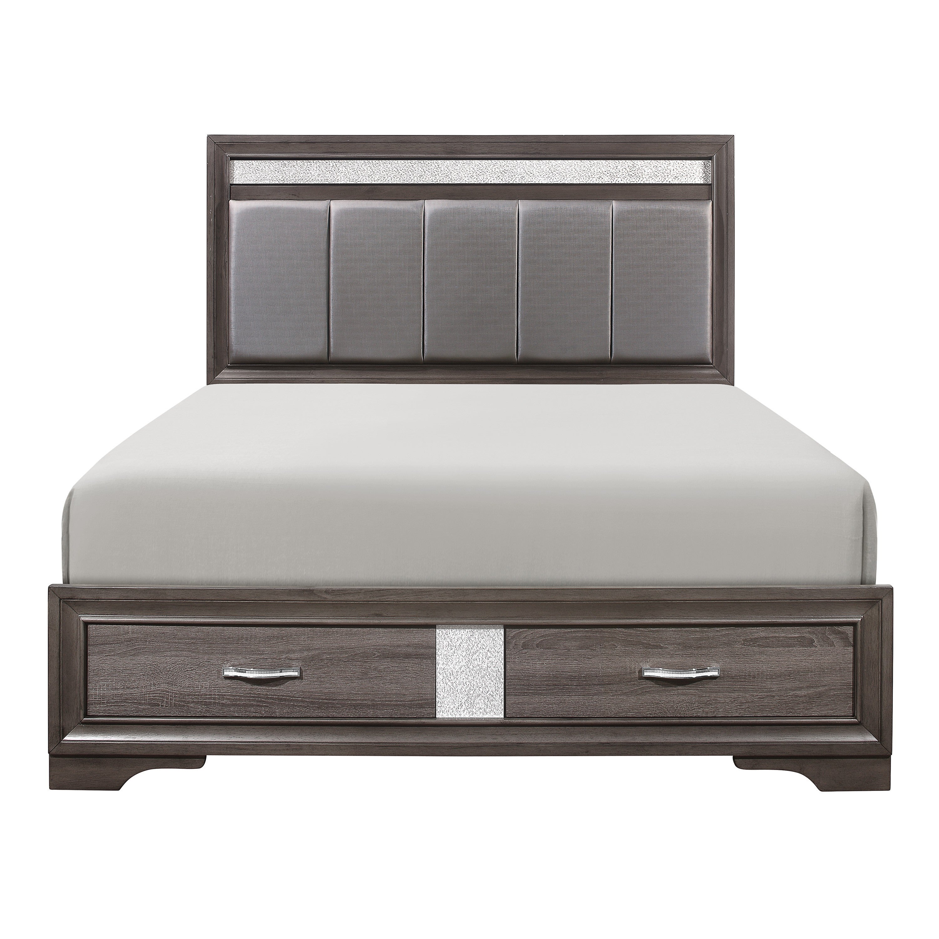Queen Platform Bed, Drawers, Upholstered Headboard, Gray Glitter