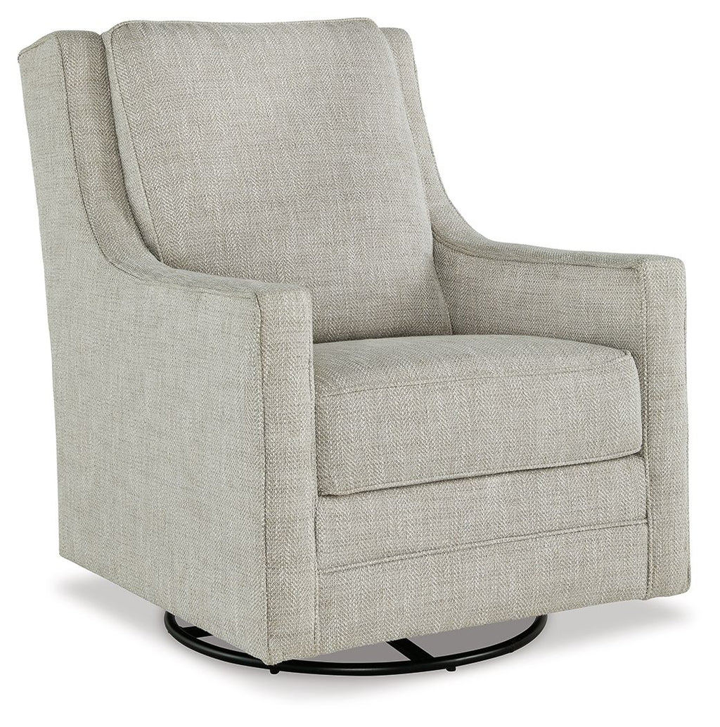 Light gray swivel accent chair with rolled arms and black circular base