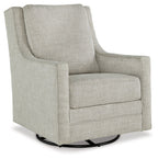 Light gray swivel accent chair with rolled arms and black circular base