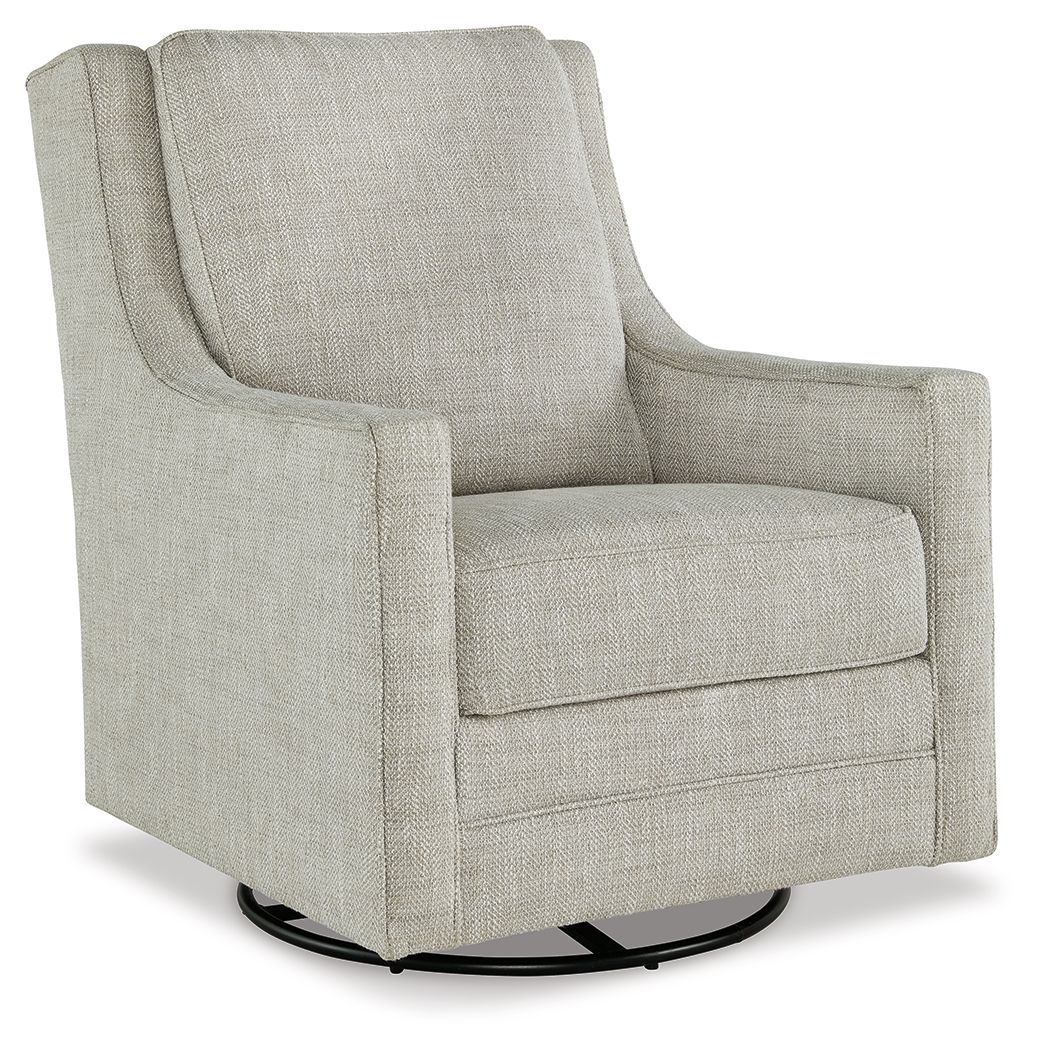 Light gray swivel accent chair with rolled arms and black circular base