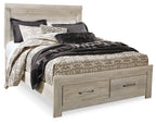 Beige platform bed with two storage drawers and headboard, side rails visible