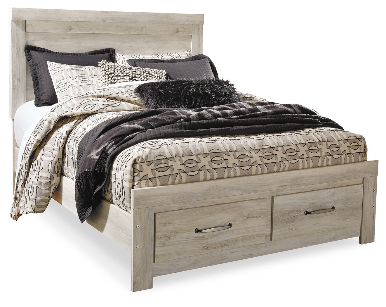 Beige platform bed with two storage drawers and headboard, side rails visible