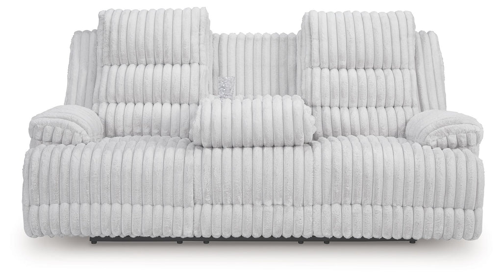 Reclining power sofa with drop-down table, light gray ribbed upholstery, thick headrests