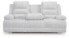 Reclining power sofa with drop-down table, light gray ribbed upholstery, thick headrests