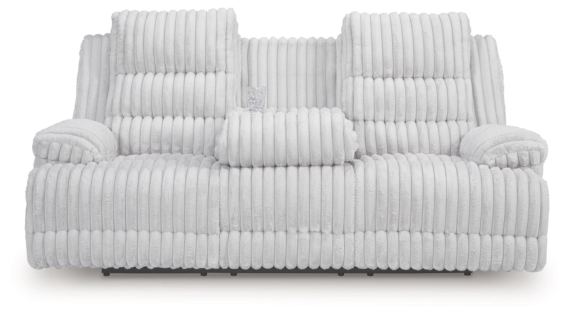 Reclining power sofa with drop-down table, light gray ribbed upholstery, thick headrests