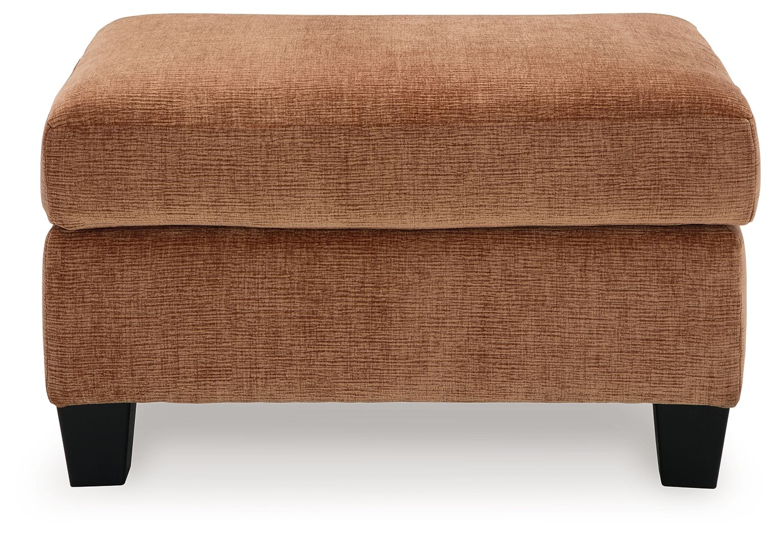 Clay fabric ottoman with rounded seat cushion and dark wooden legs