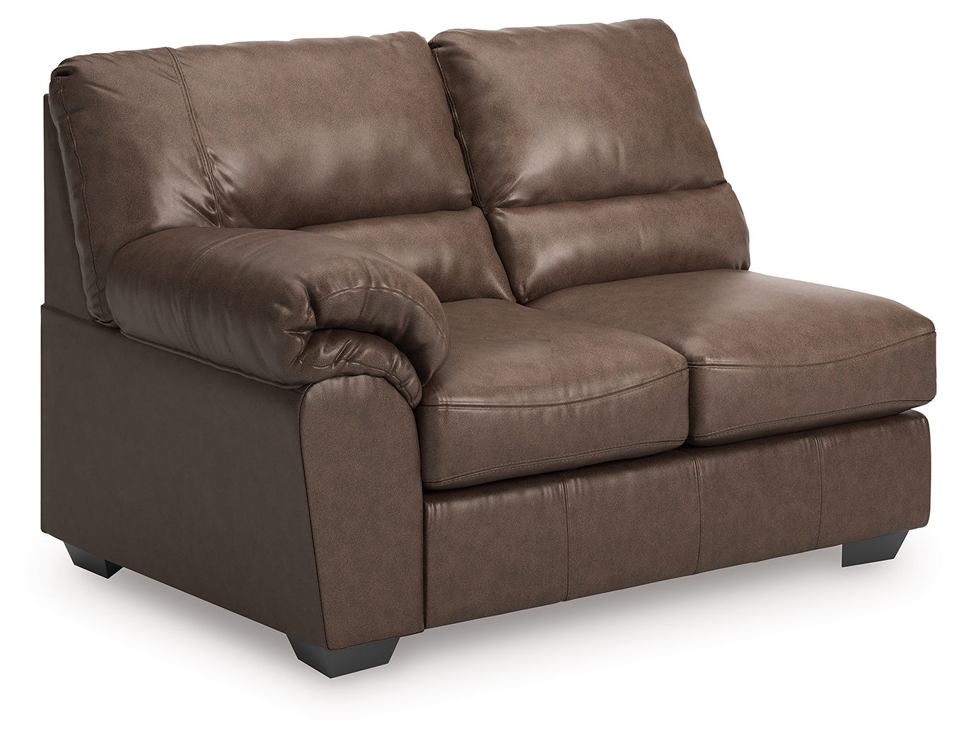 Umber brown LAF loveseat with cushioned back, rolled arms, and dark feet