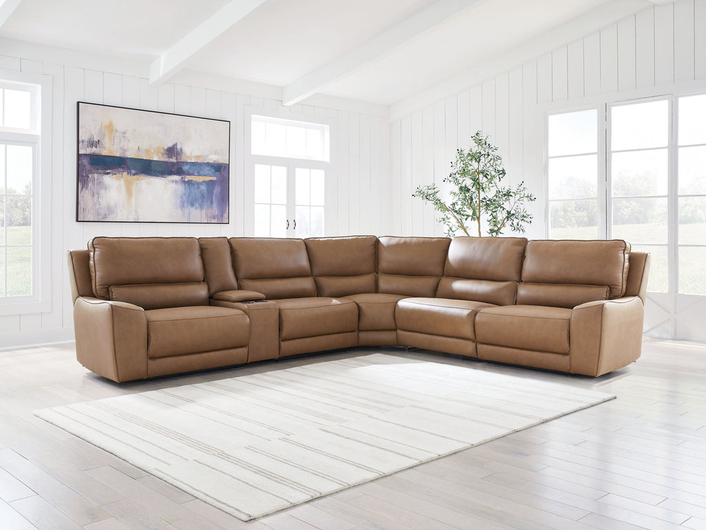 Power reclining sectional with corner chaise and padded headrests in tan-brown leather