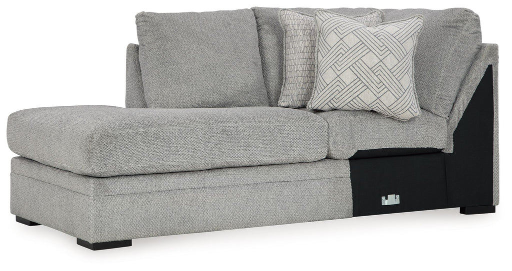 Corner chaise sofa, cement-gray fabric with patterned cushion and black side panels
