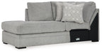 Corner chaise sofa, cement-gray fabric with patterned cushion and black side panels