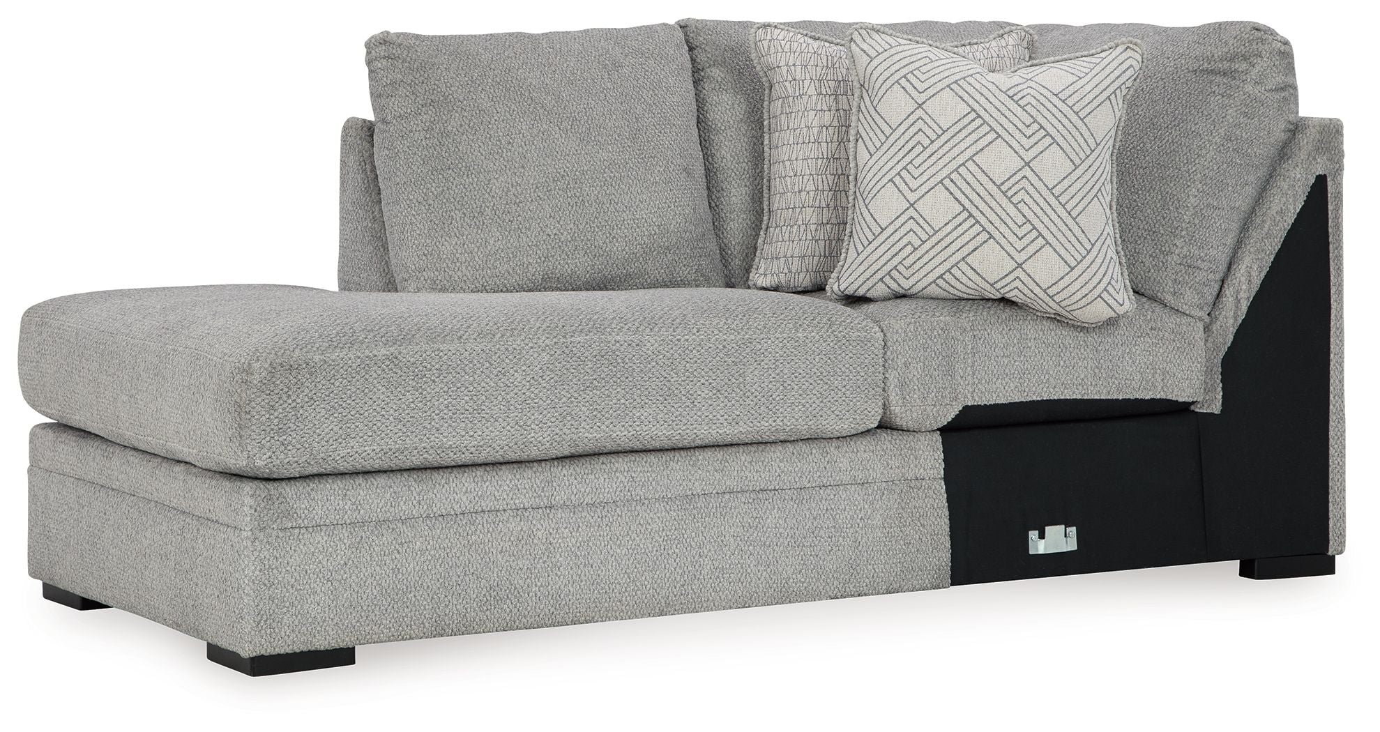 Corner chaise sofa, cement-gray fabric with patterned cushion and black side panels