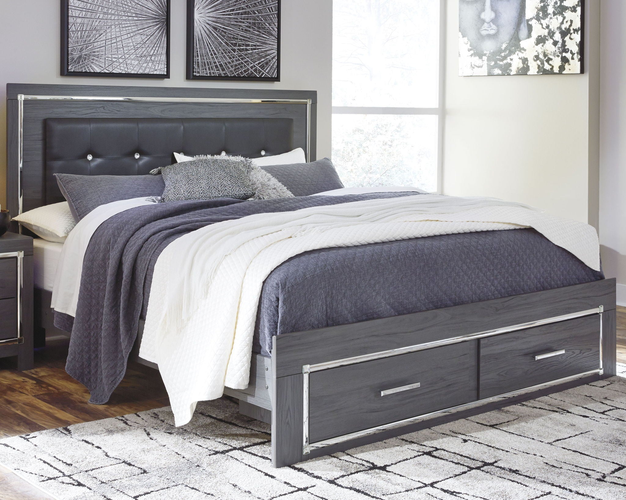 Gray upholstered panel bed with button-tufted headboard and two-drawer storage