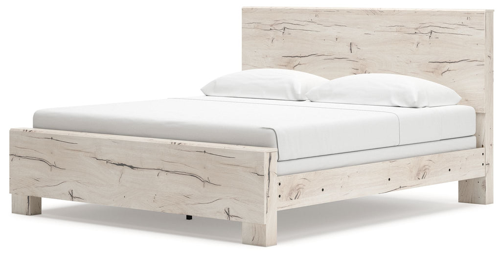 Beige panel bed with arched headboard and footboard, white bedding