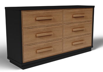 Six-drawer dresser with black frame and brown wood drawers, six pull handles