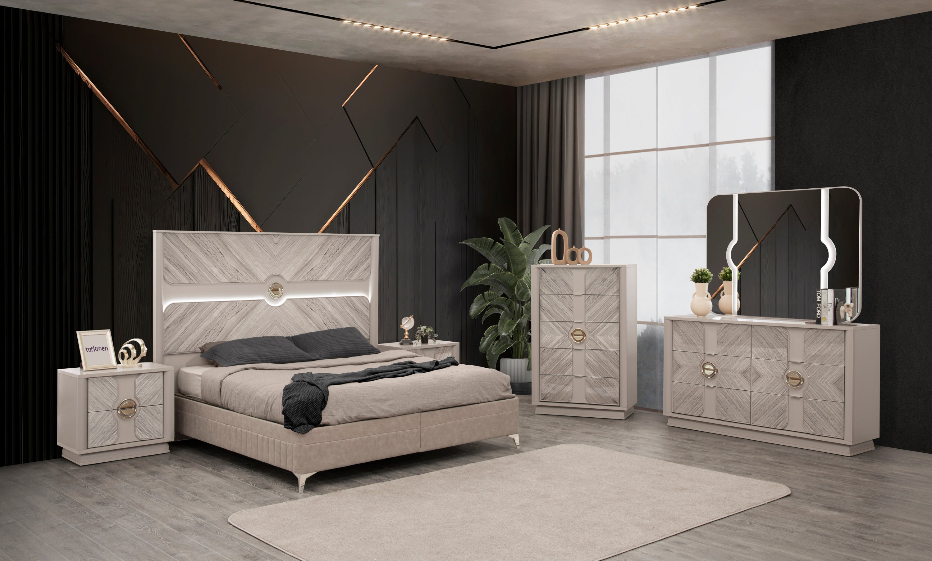 Eternity Traditional 5 Pc Queen Bedroom Set - Wood, Gold Accents, Beige