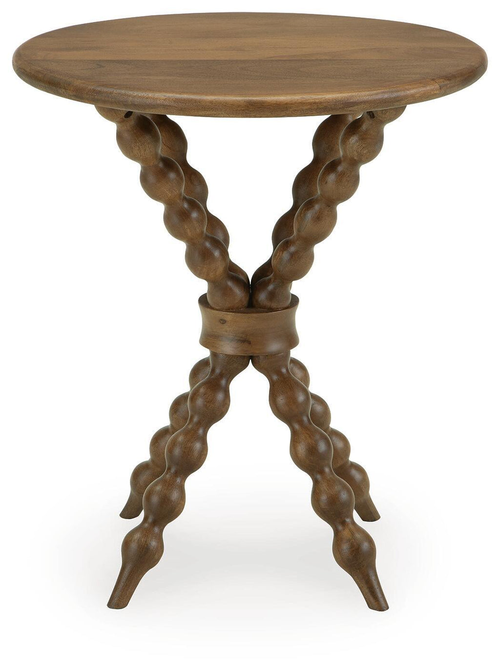 Light brown round accent table with circular top and pedestal legs