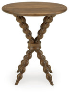 Light brown round accent table with circular top and pedestal legs