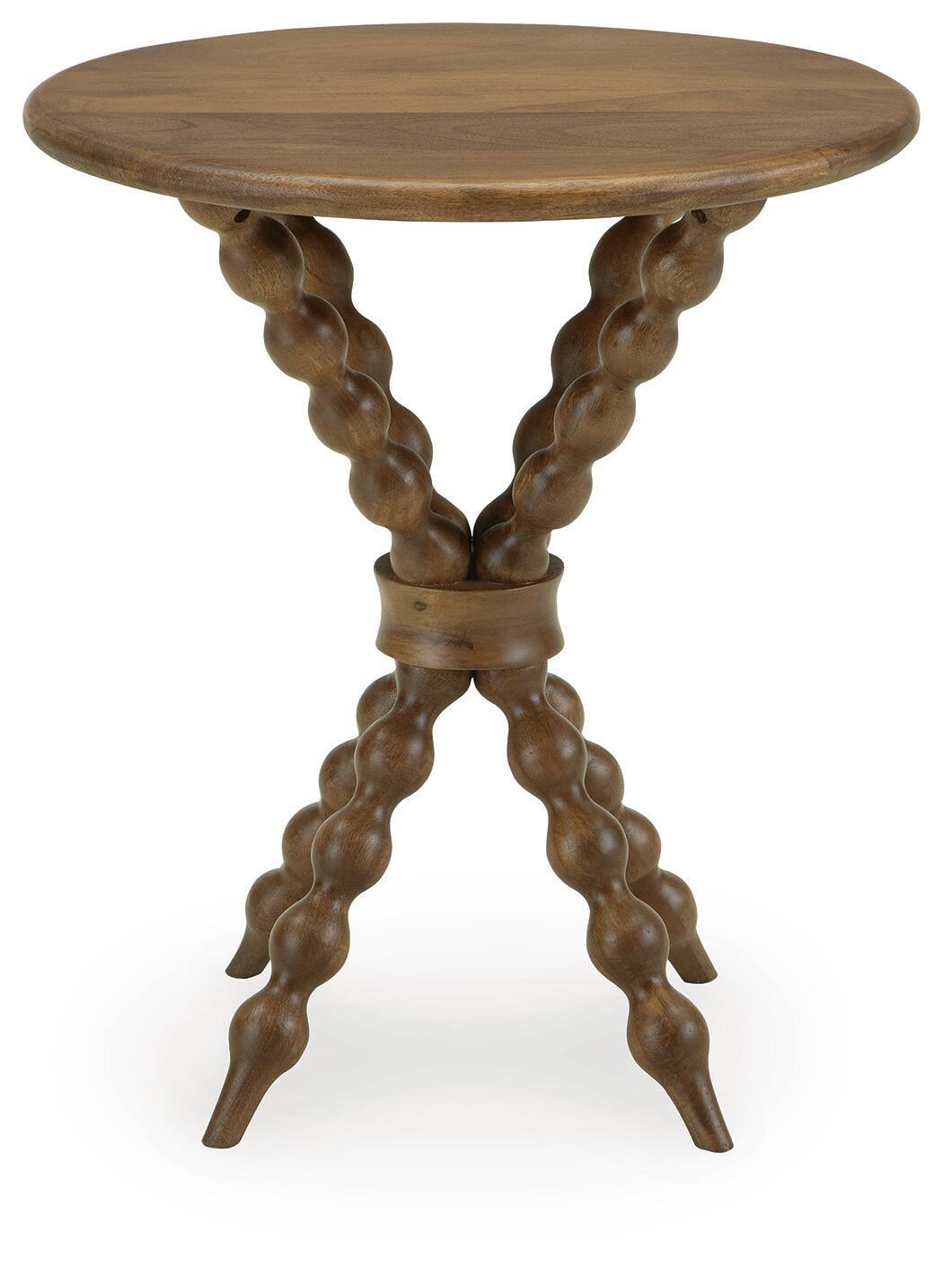 Light brown round accent table with circular top and pedestal legs