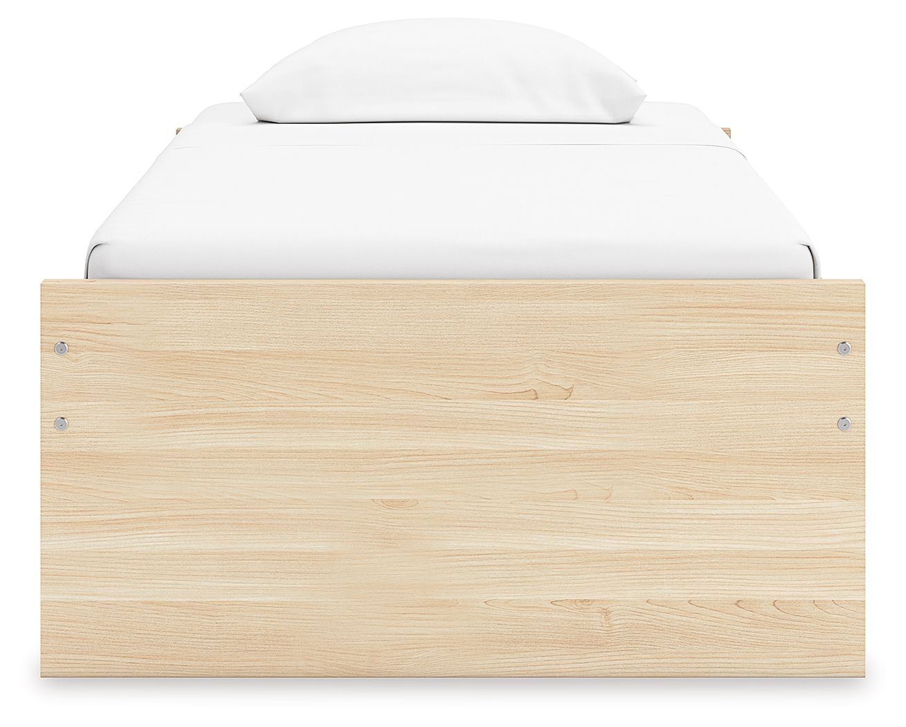 Platform bed with light brown wood headboard panel and metal corner fasteners