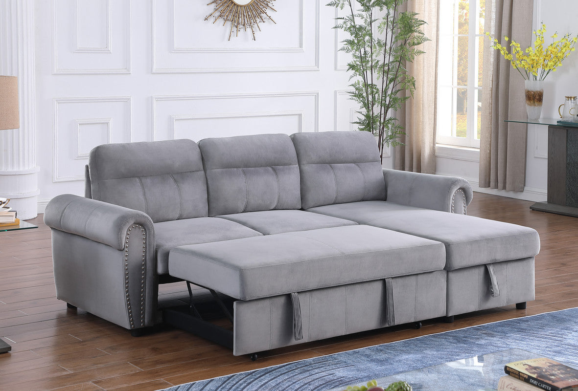 Ashton Gray Velvet Reversible Sleeper Sectional Sofa Chaise